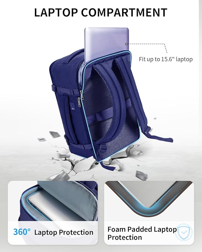 ECOHUB Travel Backpack for Men Women, Carry on Backpack with USB Charging Hole, Spirit Airlines Personal Item Bag Flight Approved, 15.6 Inch Laptop Backpack with Anti Theft Pockets, 30L, Navy Blue