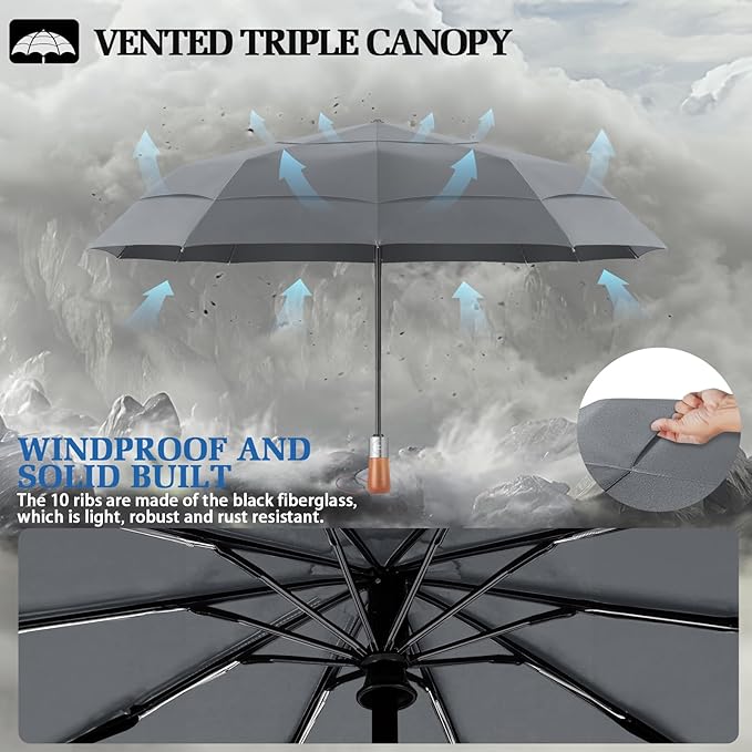 3T Wind Armor Travel Umbrella Compact Easy Auto Open Close Folding Umbrellas for Rain Windproof Umbrella for Women and Men Durable Real Wood Handle Portable Fits Backpack Car