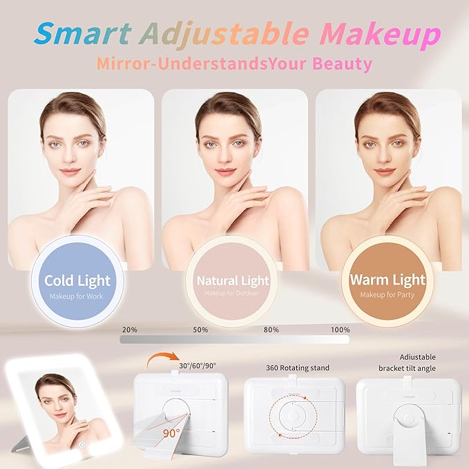 Makeup Bag with LED Mirror & Magnifier, Large Cosmetic Organizer Travel Makeup Case with Adjustable Brightness & 6 Detachable Dividers, Portable Makeup Storage for Women Girls (Black)