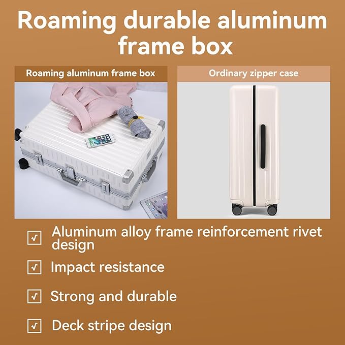 ROAMING Zipperless Luggage 28 Inch with Aluminum Frame, Checked-Large Lightweight 3-Layer PC Hard Shell Suitcase with Spinner Wheels, Metal Travel Luggage with Three TSA Locks, Shell white