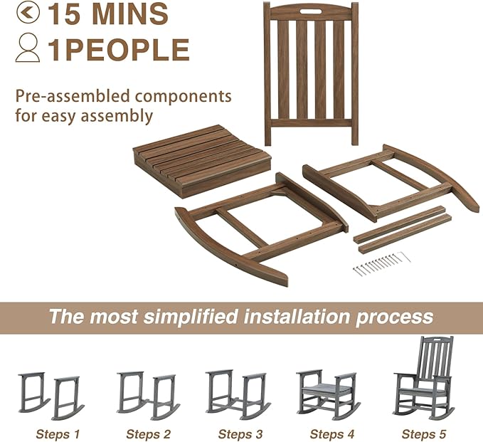 Psilvam Outdoor Rocking Chair Set of 2, Poly Lumber Oversized Rocking Chair with 21" Wide Seat and 32" Tall Backrest, Pre-Assembled with Most Components for Effortless Installation(Bright Brown)