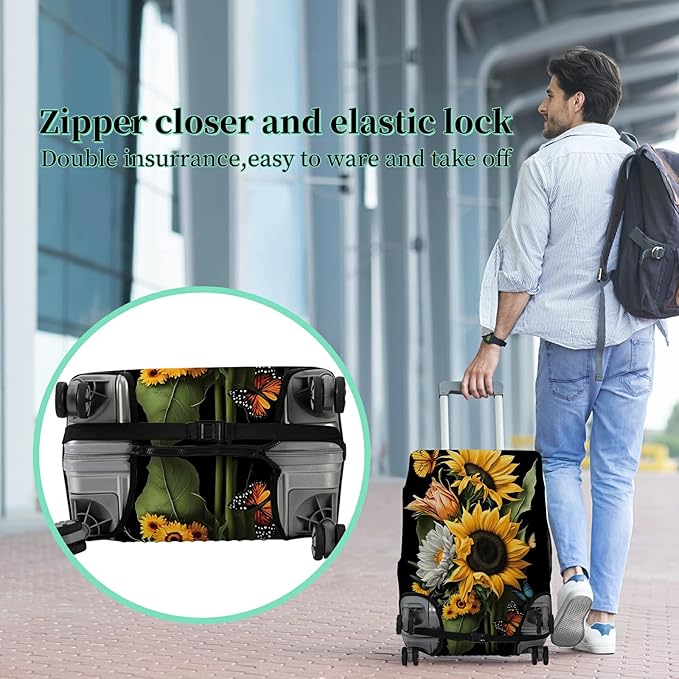Suitcase Protector Plus 1 Luggage Tag, Sunflower Orchids Travel Suitcase Cover for 22-24 inch Luggage (M) with Concealed Zipper, Washable Elastic Cloth, Dustproof, Anti-Scratch
