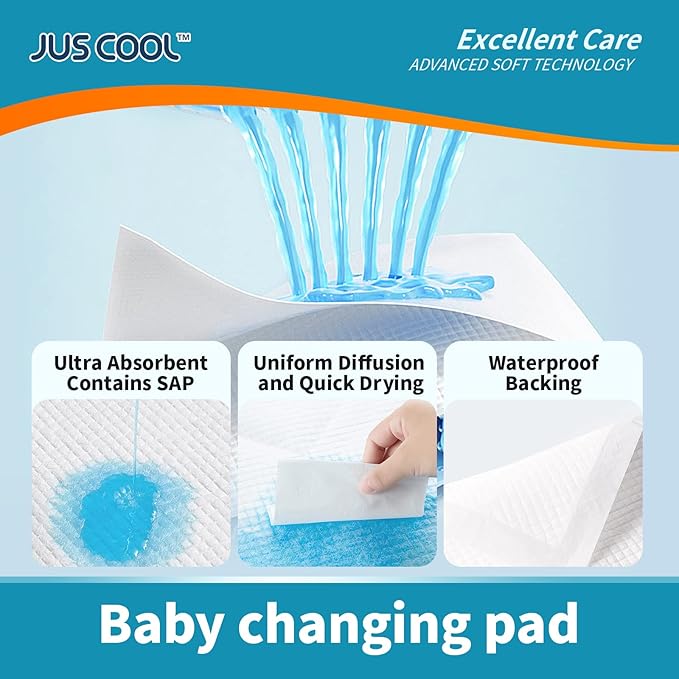 JUS COOL Baby Disposable Changing Pads, 18”x 24”(100 Count) Underpads Portable Diaper Changing Pads, Soft Bed Pads Ultra Absorbent and Waterproof