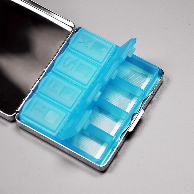 Cute and Stylish Metal Pill Box - Compact Portable Pill Organizer with 8 Compartments, Food-Grade Divider, Ideal for Travel, Vitamins, Jewelry, Cosmetics (Skeleton Drummer)