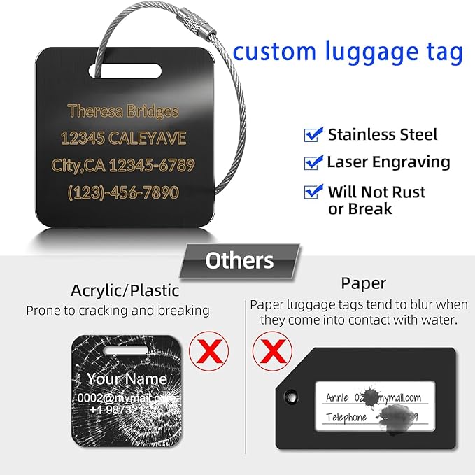 (5Pack Made in USA) Custom Personalized Luggage Tags-Customized Unique tag for Suitcase Backpack Travel,Bags (Golden (2 × 2))