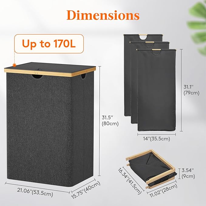 Lifewit 170L Triple Laundry Hamper with Lid, Extra Large Bamboo Laundry Basket Dirty Clothes Hamper,3 Section Laundry Bin Organizer for Laundry Room Bedroom with 3 Removable Liners & Bags, Dark Gray
