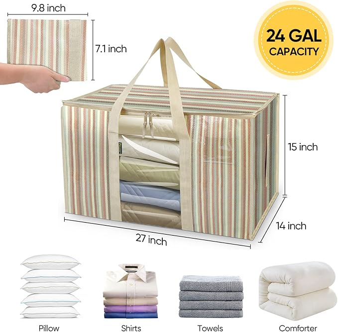 BALEINE 4-Pack Oversized Moving Bags with Reinforced Handles, Heavy-Duty Storage Tote for Clothes, Moving Supplies (Color Stripe with Window, 4-Pack)