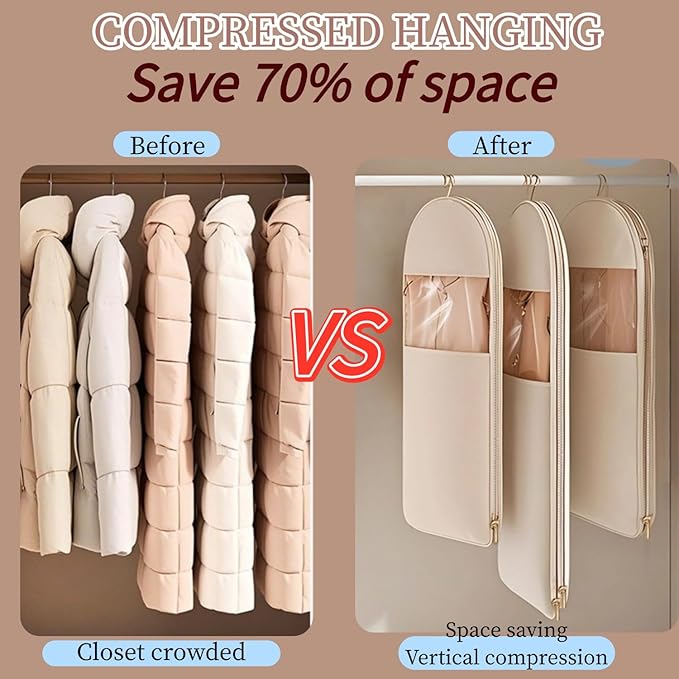 Space Saving Hanging Garment Bag With Self Compression Zipper,Garment Bags for Travel,Dust Cover for Coats Down Jackets, Closet Clothes Organizer with Clear Window (Beige, L*2Pcs)