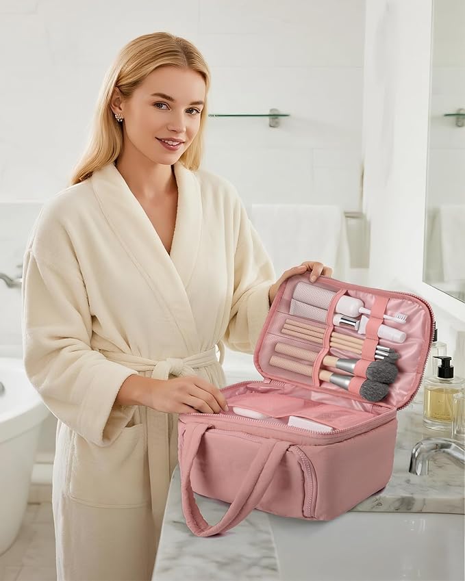 HOTOR Travel Toiletry Bag - Wide-Open Toiletry Bag for Women, Multi-Pocket Makeup Bag for Travel Essentials, Wet & Dry Separation Travel Accessories for Trip, Gym, 12.6" x 6.3" x 8.9", Dark Pink
