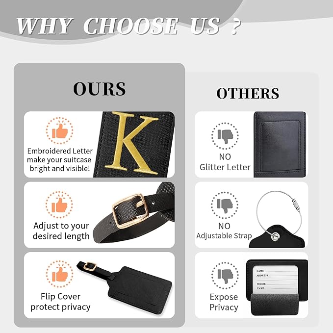 Personalized Initial Luggage Tags for Suitcase TSA Approved, Black Leather Cute Luggage Tag with Privacy Cover Name Card, Embroidered Custom Luggage Tags Travel Backpack Tags Gifts for Women Kids(K)