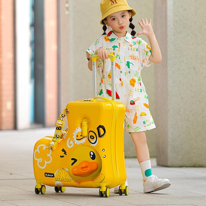 Kids' Lightweight Ride on Luggage with Spinner Wheels & Foldabe Design (Yellow Good, 20"+ Aged 1-3 Toddler)