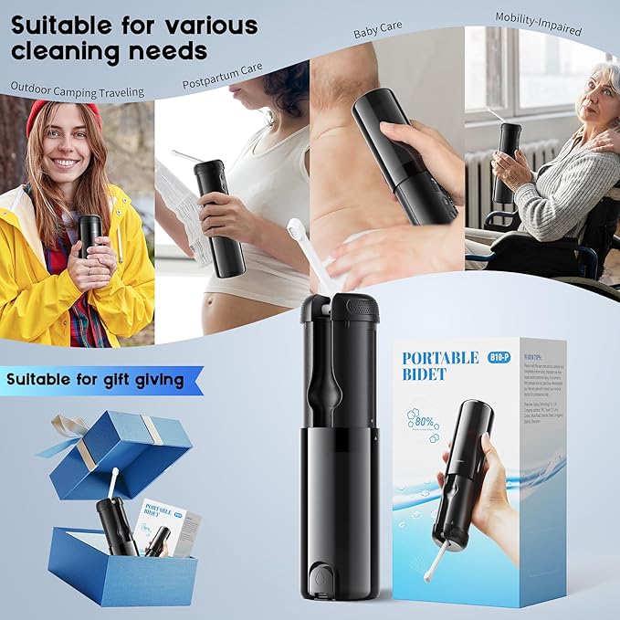 Peri Bottle for Postpartum Care-250ml Portable Bidet for Travel with 5 Sprayer Modes, 2000mAh Rechargeable Electric Bidet with 8 Replaceable Nozzles for Perineal Care & Post-Surgery Care (Black)