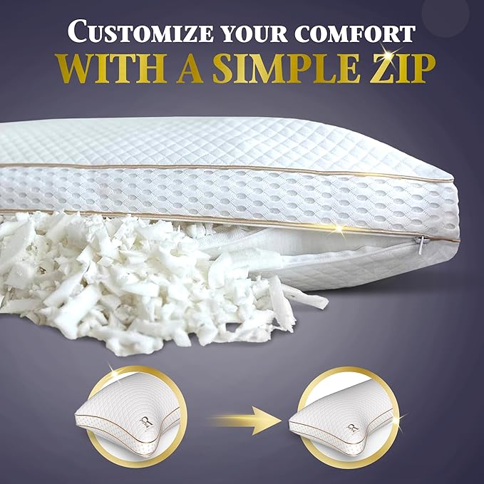 Royal Therapy Queen Memory Foam Pillow, Adjustable Shredded Odor-Free Pillow for Neck & Shoulder Pain Relief, Support for Back, Stomach, Side Sleepers, AirFlowPRO