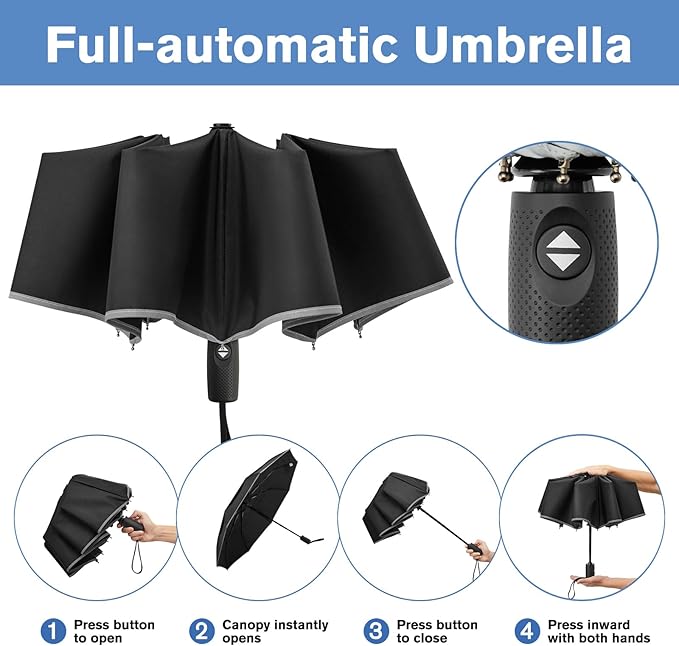 G4Free 42 Inch Eco Windproof Folding Umbrella for Rain & Sun 9 Ribs Wind Resistant Strong Fiberglass Double Canopy with Reflective Strip for Women Men Auto Open Close For Car & Backpack