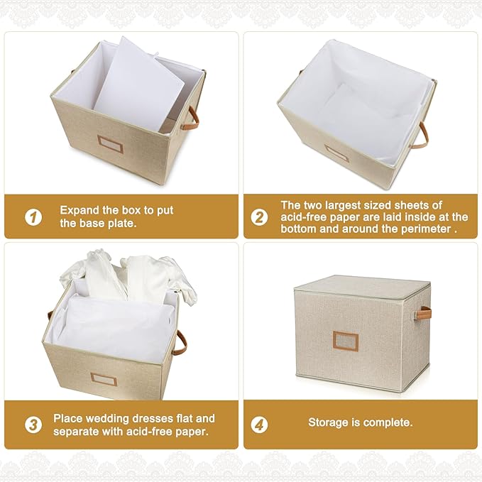 Wedding Dress Storage Box, Wedding Dress Preservation Box with Lid, Foldable Acid-Free Organizer with 1 Pair of Microfiber Gloves and 20 Sheets of Acid-Free Paper (1, Medium)