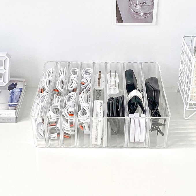 Yesesion Clear Cord Storage Box with Wire Ties, Plastic Cable Organizer for Drawer, Large Desk Accessories Case Container for Phone Charger, Battery, Art Crafts, Home Office Supplies, 2 Pack