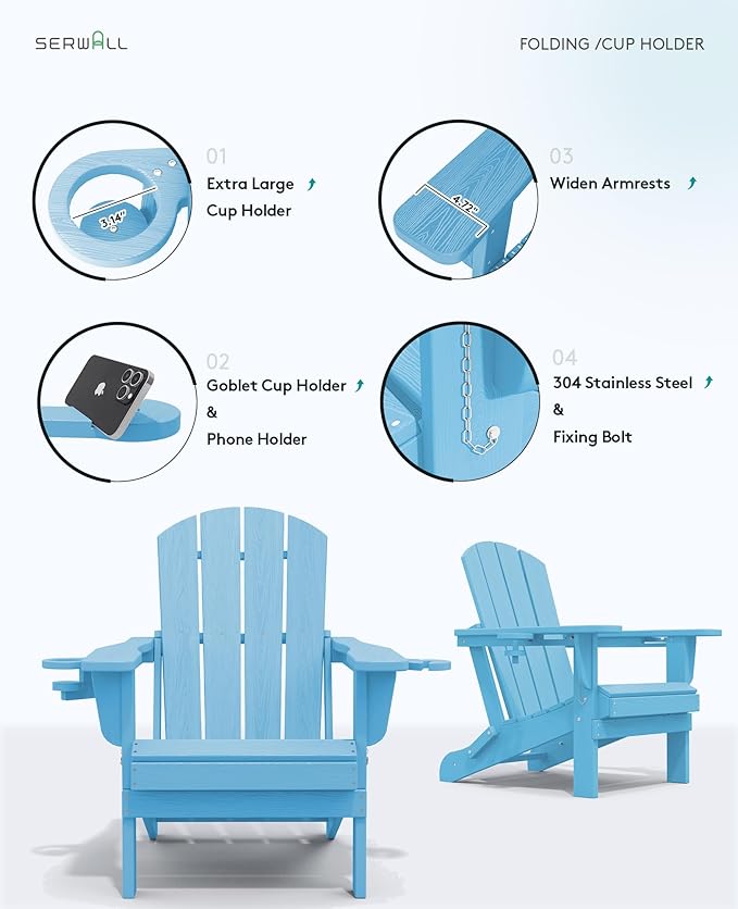 SERWALL Adirondack Chair with Cup Holders - Composite Adirondack Chairs HDPE Outdoor Chairs All Weather Use- Light Blue