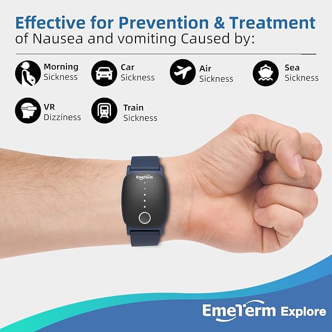 EmeTerm Explore FDA-Cleared Anti-Nausea Wristband IP67 Waterproof Morning Motion Sickness Relief Band Rechargeable Classic Strap Design Drug Free Non-drowsy Without Side Effects Navy Blue