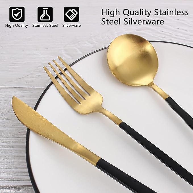 Matte Black Gold Silverware Set, 40-Piece Stainless Steel Flatware Set, Satin Finish tableware Cutlery Set, Service for 8, Home and Restaurant, Dishwasher Safe…