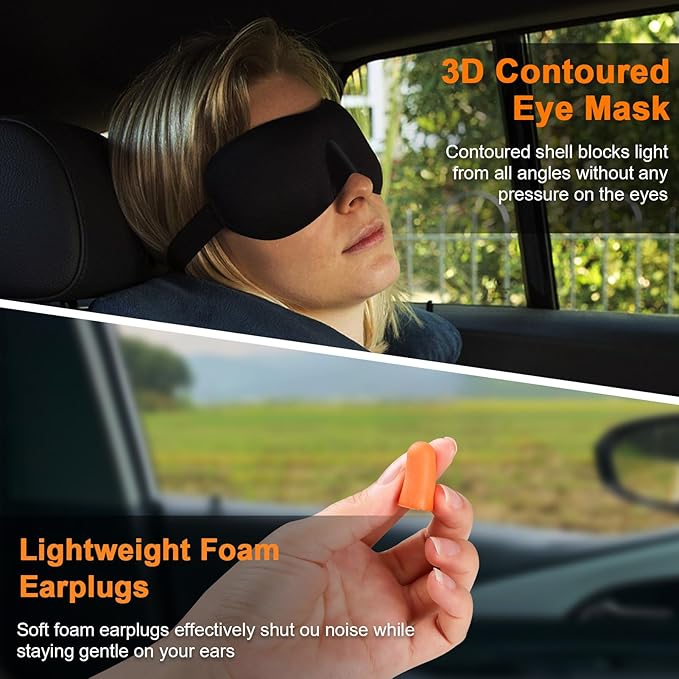 Travel Pillow - Hooded Neck Pillow Airplane Memory Foam Filling for Plane, Office, Cars Sleeping, Road Trip, Long Flights, Portable Plane Accessories, Includes Eye Mask & Earplugs (Black)