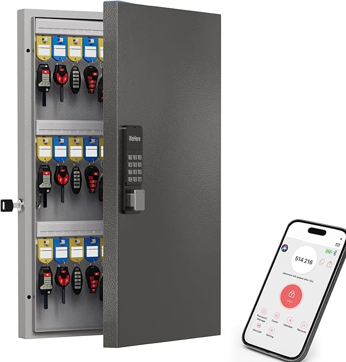 WeHere 72 Key Lock Box Wall Mount, APP Bluetooth/OTP/Wi-Fi/Fixed Code/Key Unlock, Smart Key Cabinet with Key Tag, Key Organizer Holder Box, Key Management Directory for Office, Valet, Realtor, Hotel