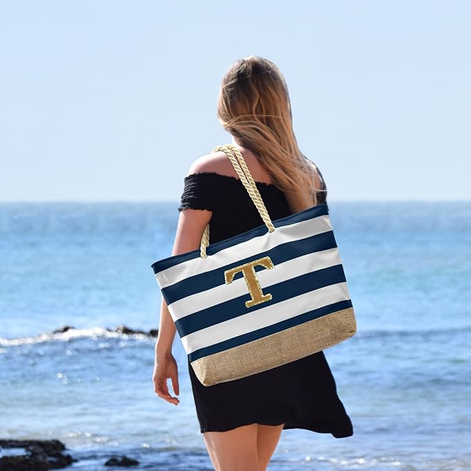 Becokan Beach Bag Initial Beach Tote with Makeup Bag for Travel Work Storage Personalized Birthday Gifts for Women Her