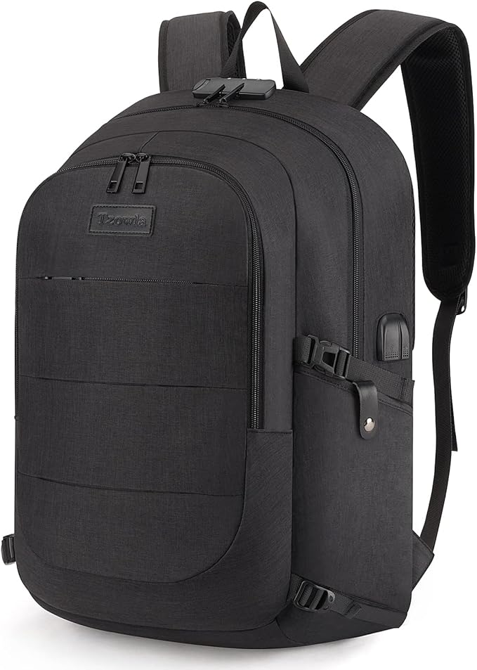 Tzowla Anti-Theft Water Resistant 17.3 Inch Laptop Backpack with USB Charging Port and Lock, Black