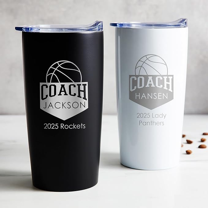 Lifetime Creations Personalized Basketball Coach Tumbler: Custom Basketball Coach Gift, Coaches Coffee Travel Mug from Team, Insulated Engraved Stainless Steel 20 Ounce Cup (White)