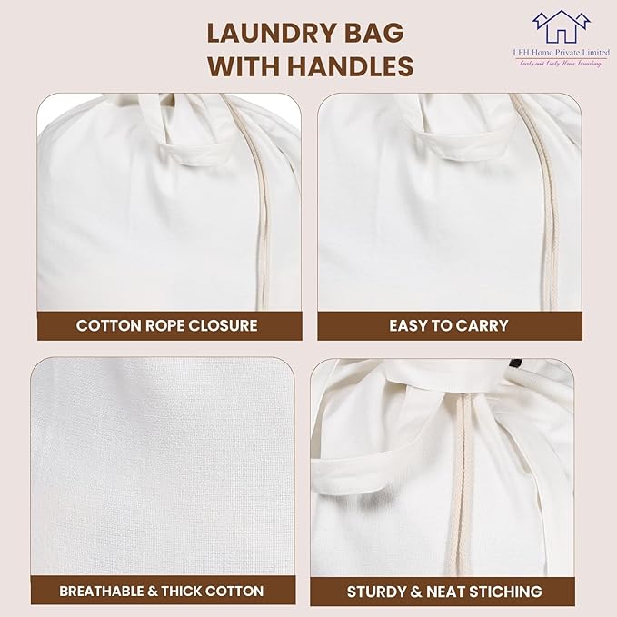 LFH Home Cotton Canvas Large Laundry Bag with Handle, Heavy Duty Drawstring Closure Washable Laundry Bags, School Travel, Home, Hotel, College Dorm, Organizer Sack, Toy Clothes 28x40 (Pack of 4)-White
