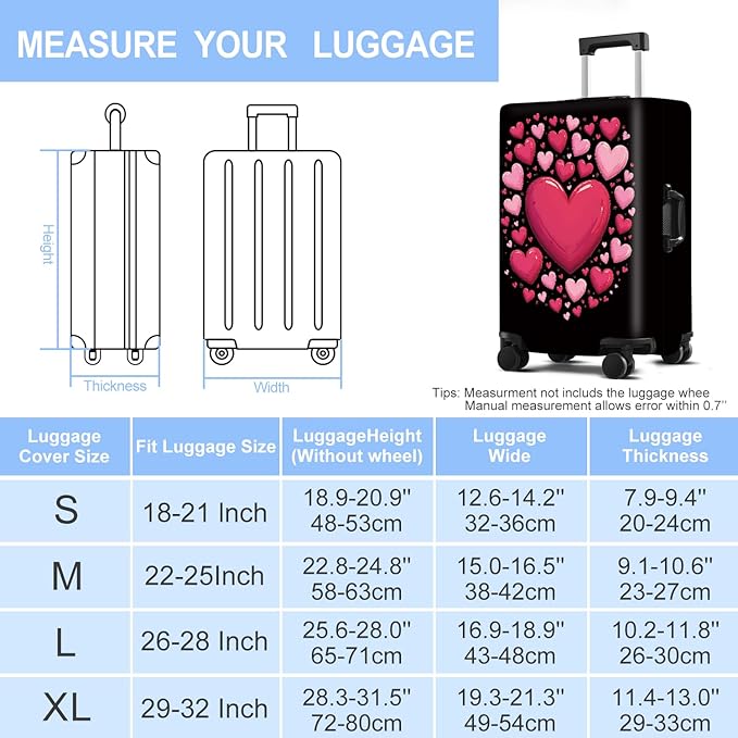 Luggage Cover Washable Suitcase Protector Anti-Scratch,Stretchable Fit for 20-34Inch Luggage Durable Travel Bag Cover with Zipper Closure (Heart, S(fits 20-22inch suitcase))