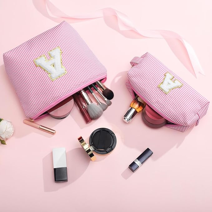 YOOLIFE Makeup Bag for Women, Personalized Initial Cute Makeup Pouch for Girlfriend Bridesmaid Wife | Cosmetic Travel Toiletry Bag for Friend Female Sister | Birthday Gift Idea for Her Mom Pink F