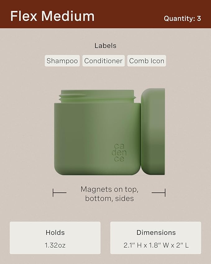 Cadence Travel Containers Haircare Capsule Set - Magnetic Containers with Lids,Carry On Travel Essentials For Women/Men - 3 Flex Mediums (1.32oz) - Shampoo, Conditioner & Comb Icon Labels - Petal
