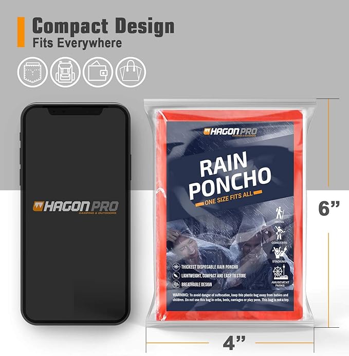 Hagon PRO Disposable Rain Ponchos for Adults (5 Pack)