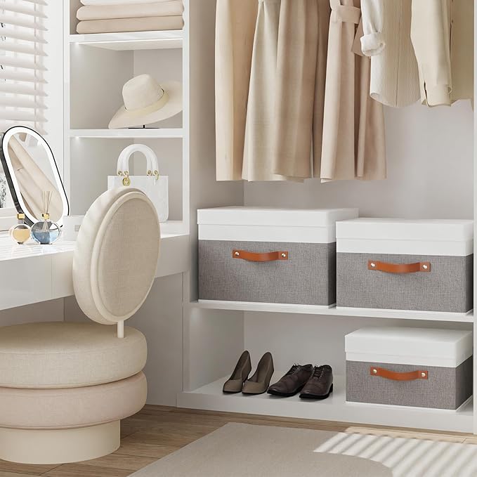 Fabric Storage Boxes with Lids, Linen Foldable Cloth Baskets, Closet Organizer Containers with Double Handles, Sweater Bins for Bedroom, White and Grey, 3 Pack, 13 x 9.1 x 7.9 Inch