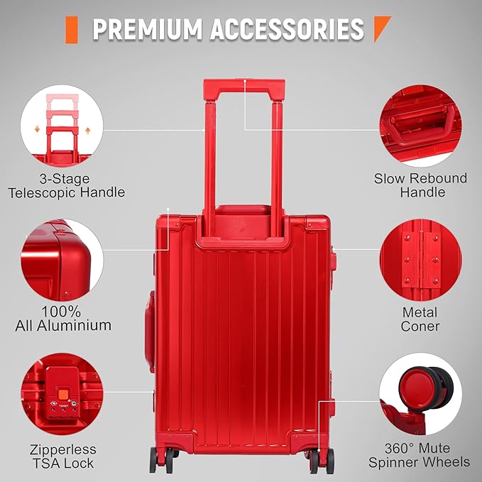 UrbanExplorer All Aluminum Carry On Luggage 22x14x9 Airline Approved Heavy Duty Hard Shell Suitcases Zipperless Suitcase with TSA Lock, Red, 20 Inch