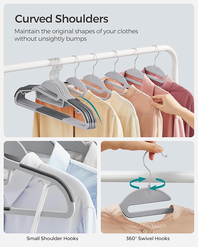 SONGMICS 50 Pack Coat Hangers, Heavy-Duty Plastic Suit Hangers, S-Shaped Opening, Space-Saving, 360º Swivel Hook, 16.3 Inches Wide, Light Gray and Dark Gray UCRP41G-50