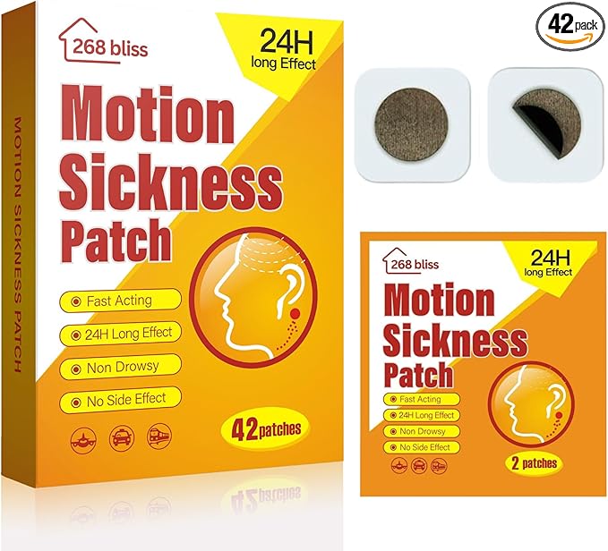 Motion Sickness Patches for Cruise,Car,Bus,Ships,Airplane,Park Rides - Non-Drowsy - Travel Essentials for Adults and Kids(42 Count (Pack of 1))