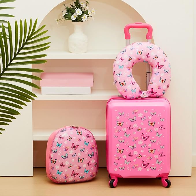 Sanwuta 4 Pcs Kids Luggage Set Kids Backpack Travel Rolling Suitcase with Wheels U-shape Pillow Childrens Gift for Girls Boys(17 Inch,Butterfly Style,Rose Pink)