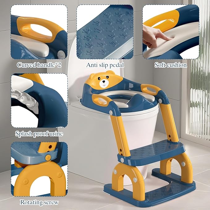 Potty Training Seat for Toddlers, Adjustable Height 2-in-1 Potty Training Toilet Ladder for Kids Boys Girls with Splash Guard, Waterproof Cushion, Anti-Slip Pad Step Stoo - Dark Blue