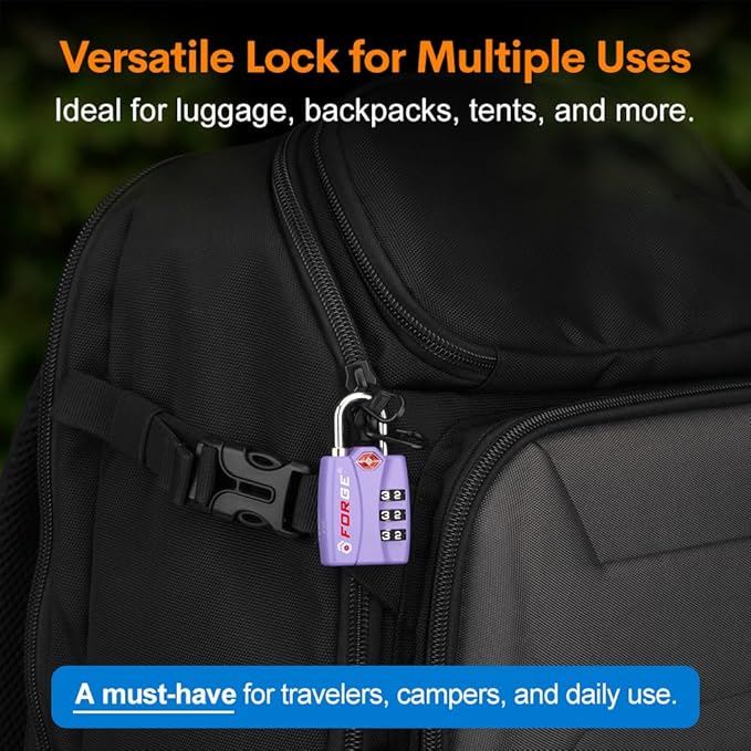 Forge Luggage Locks TSA Approved 4 Pack Purple, Small Combination Lock with Zinc Alloy Body, Open Alert, Easy Read Dials, for Travel Suitcase, Bag, Backpack, Lockers.