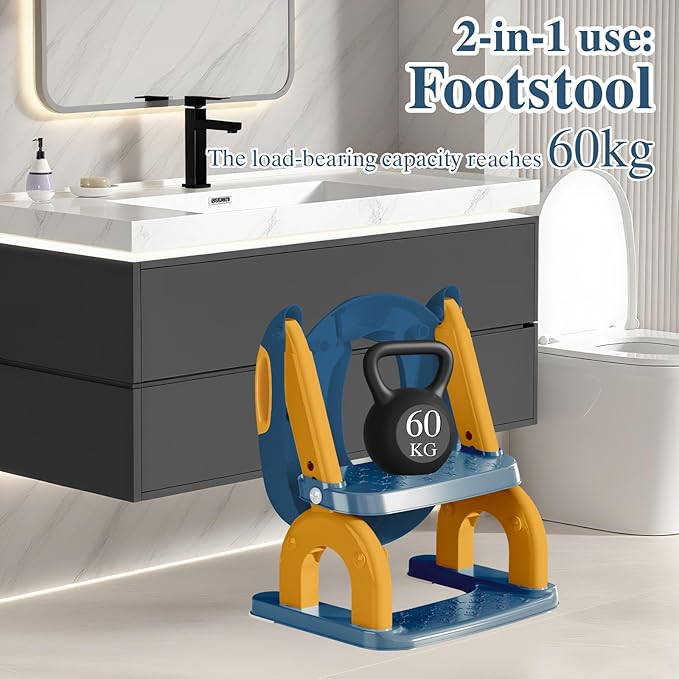 Potty Training Seat for Toddlers, Adjustable Height 2-in-1 Potty Training Toilet Ladder for Kids Boys Girls with Splash Guard, Waterproof Cushion, Anti-Slip Pad Step Stoo - Dark Blue