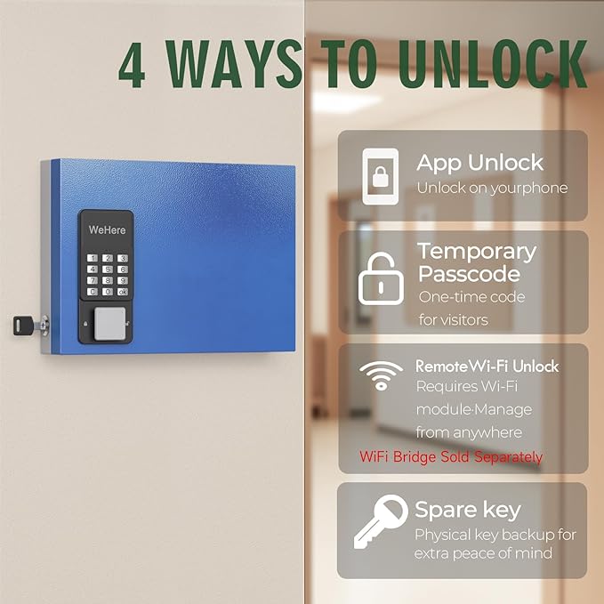 WeHere 16 Key Lock Box Wall Mount, APP Bluetooth/One Time Password Share/Wi-Fi Remote/Fixed Code/Key Unlock, Smart Key Cabinet, Key Organizer Box for Apartment, Hotel, Office, House Key Manage