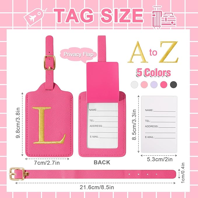 Personalized Initial Luggage Tag, Rose Red Leather, Cute Luggage Tags With Privacy Cover, Embroidered Custom Monogram, Gifts for Women, Kids