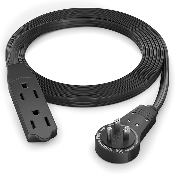 Maximm Cable 6 Ft 360° Rotating Flat Plug Extension Cord/Wire, 16 AWG Multi 3 Outlet Extension Wire, 3 Prong Grounded Wire - Black - UL Certified