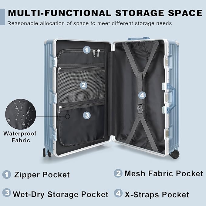 AnyZip Luggage PC+ABS Aluminum Frame Zipperless Checked Luggage Hard Shell Suitcase with TSA Lock Double Spinner Wheels 24 Inch Haze Blue