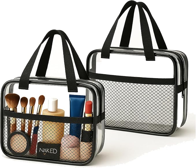 XEWEA 2PCS Middle TSA Approved Clear Travel Toiletry Bags for Men Women, Transparent Makeup Cosmetic Bag with Handle Zipper, Waterproof PVC Quart Organizer Pouch for Airport Airline Essential, Balck