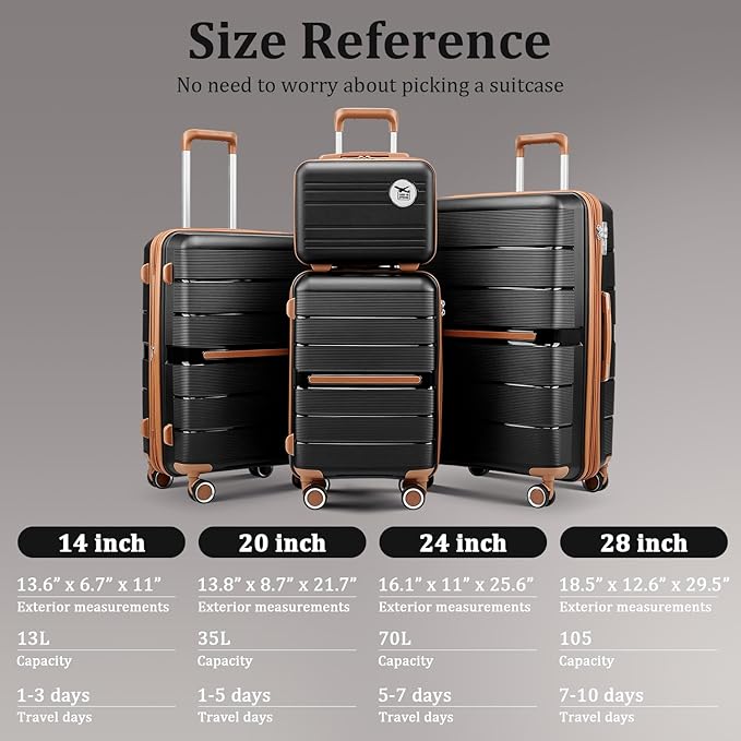 Campfun Luggage 4 Piece Sets, Expandable Carry On Luggage Set Hardshell PP, Suitcase Set with Double Spinner Wheels, Checked Durable Lightweight with TSA Lock, 14in 20in 24in 28in-Black Brown(A)