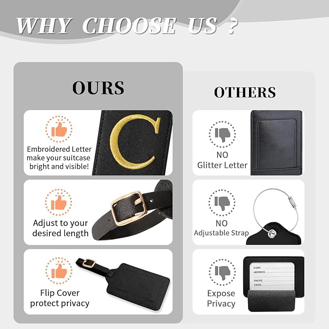 Personalized Initial Luggage Tags for Suitcase TSA Approved, Black Leather Cute Luggage Tag with Privacy Cover Name Card, Embroidered Custom Luggage Tags Travel Backpack Tags Gifts for Women Kids(C)