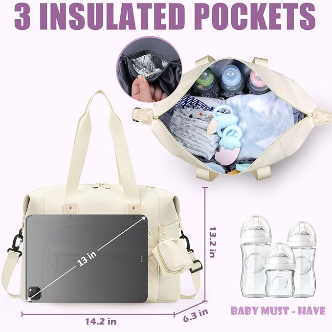 Tuwubi Diaper Bag Tote,Baby Diaper Bag with Pacifier Case Large Travel Diaper Tote Caddy for Mom and Dad Multifunction Large Baby Bag - M-White
