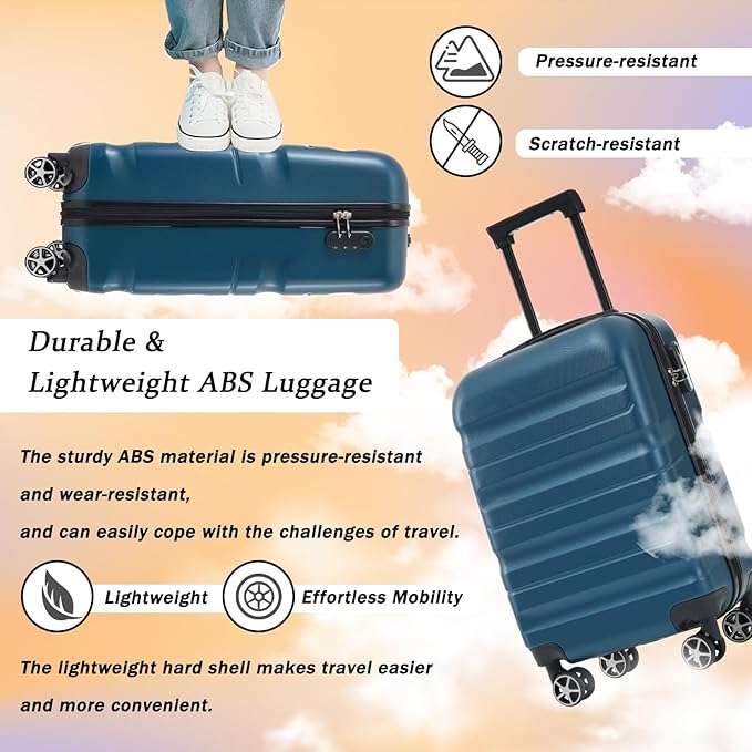 Merax Carry On Luggage Set 20 Inch Hardshell ABS Suitcase Airline Approved with Spinner Wheels Foldable Duffel Bag Lightweight Luggage for Weekend Trips Ink Blue